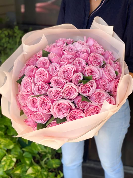 50 Pink Garden Roses Hand Crafted Bouquet