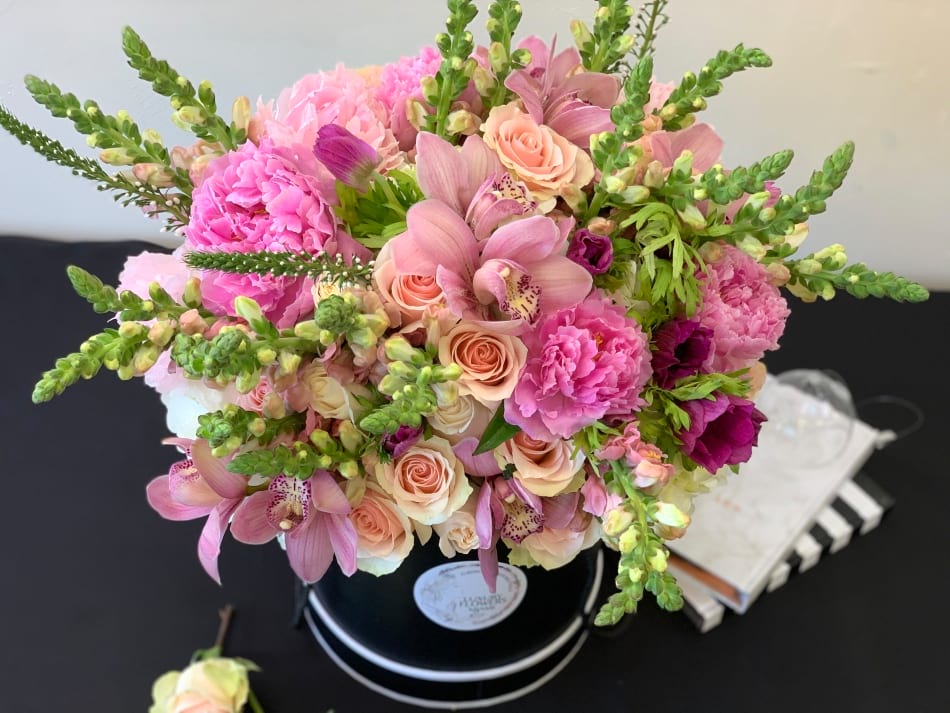 Large Hat Box Arrangement With Roses Peonies Orchids And Mix Flowers