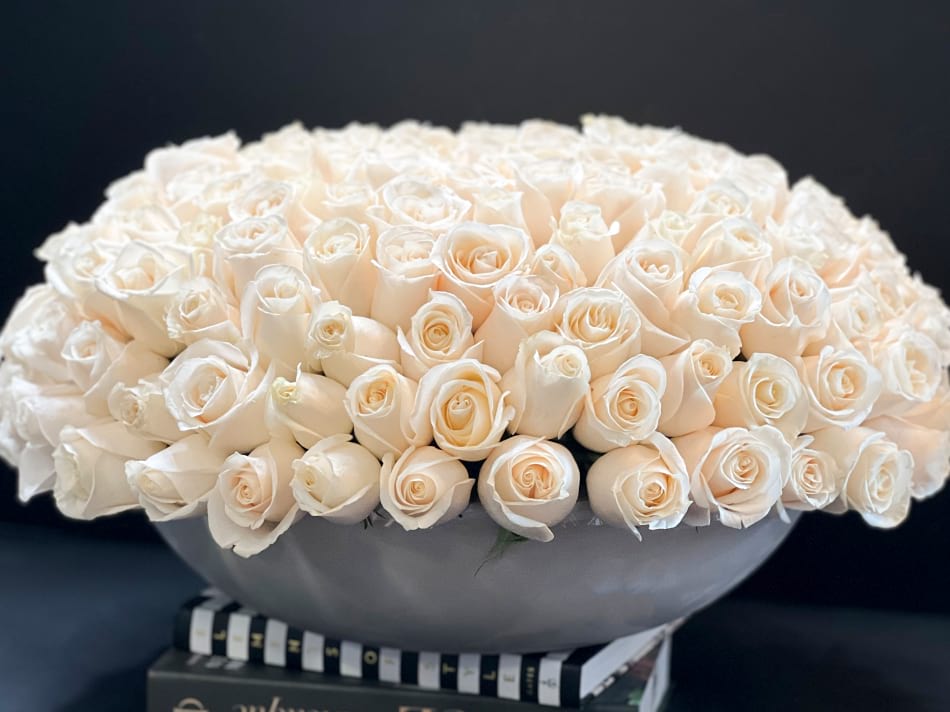 150 White Roses In A Luxury Ceramic Container