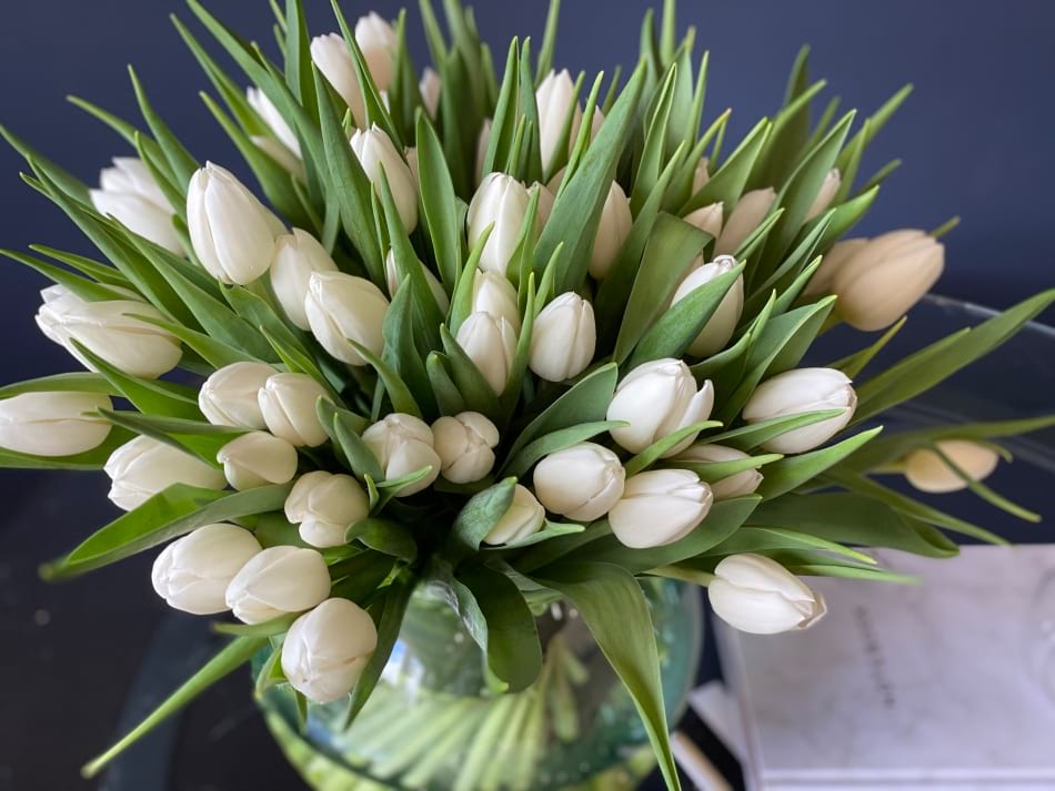 75 White Tulips In Fishbowl Vase