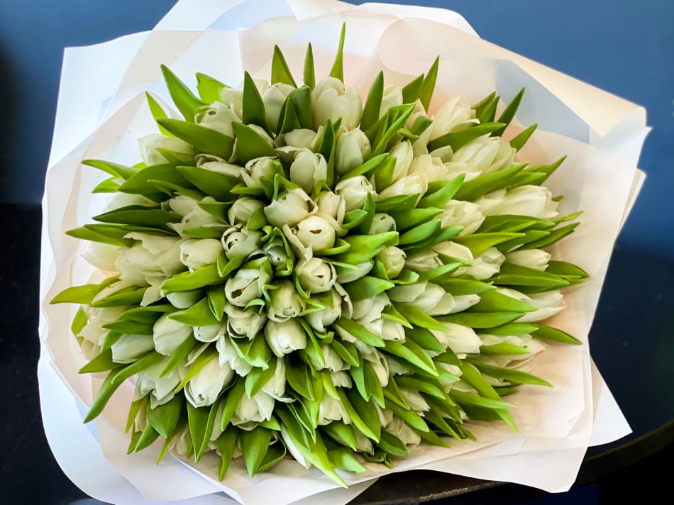 150 White Tulips Hand Crafted Bouquet